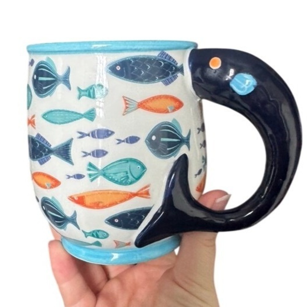 Nautical Fish Ceramic Mug with Whale Tail Handle Blue Orange Coastal‎ Coffee Cup